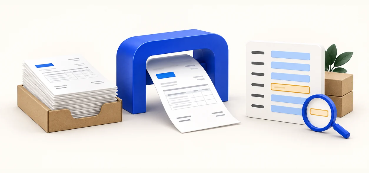Stack of paper invoices passing through a scanning frame and coming out as a structured data card with vendor, invoice number, date, amount and GSTIN fields