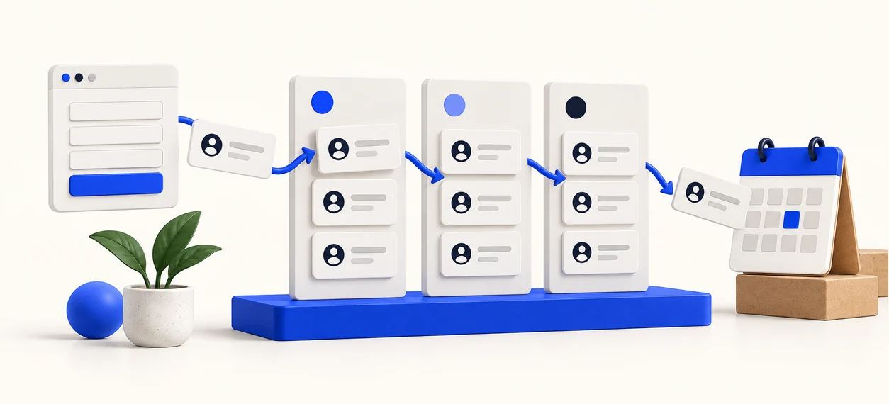 A phone call bubble connected to a lead pipeline with New leads, In conversation and Follow up columns