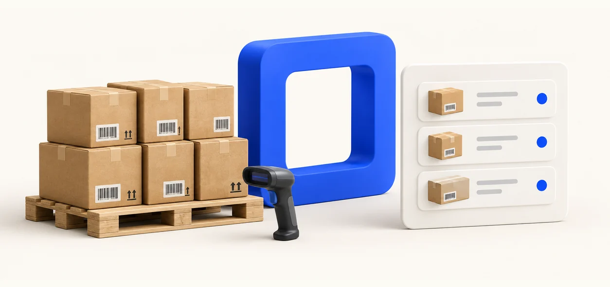 Cardboard cartons moving through a blue frame into an inventory card where every item has a tracked status